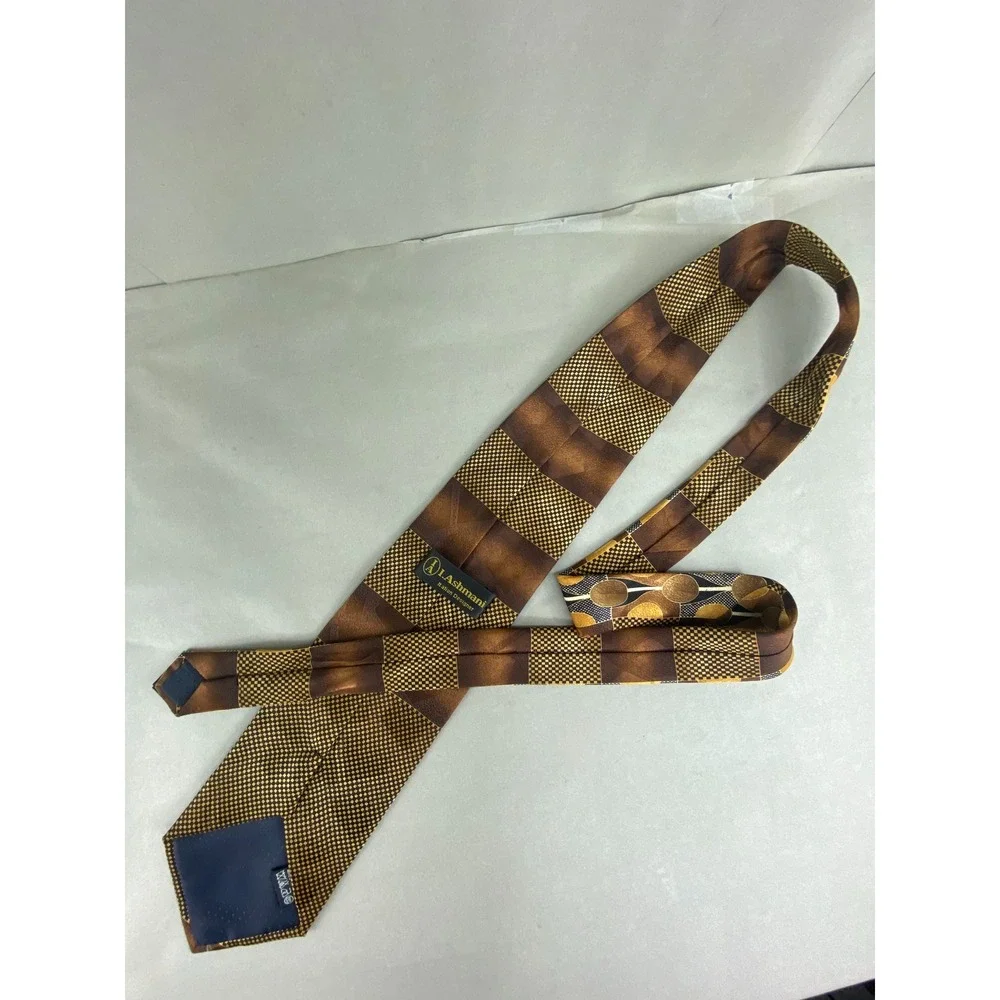 I. Ashmani Mens Tie Brown Gold Geometric Abstract Art Deco Artsy Checkered 57x4